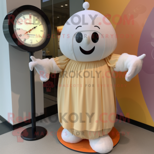 Cream Human Cannon Ball mascot costume character dressed with a Maxi Dress and Digital watches