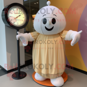 Cream Human Cannon Ball mascot costume character dressed with a Maxi Dress and Digital watches