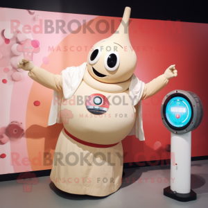 Cream Human Cannon Ball mascot costume character dressed with a Maxi Dress and Digital watches