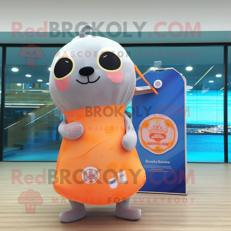Peach Seal mascot costume character dressed with a One-Piece Swimsuit and Tote bags