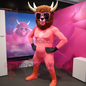 Pink Minotaur mascot costume character dressed with a One-Piece Swimsuit and Sunglasses