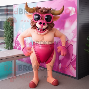 Pink Minotaur mascot costume character dressed with a One-Piece Swimsuit and Sunglasses