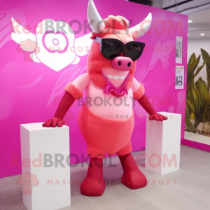 Pink Minotaur mascot costume character dressed with a One-Piece Swimsuit and Sunglasses