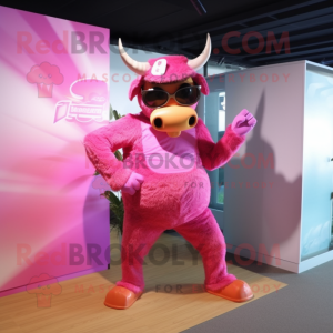 Pink Minotaur mascot costume character dressed with a One-Piece Swimsuit and Sunglasses