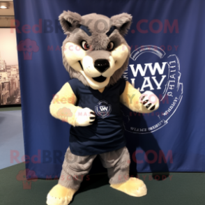 Navy Werewolf mascot costume character dressed with a Tank Top and Shawls