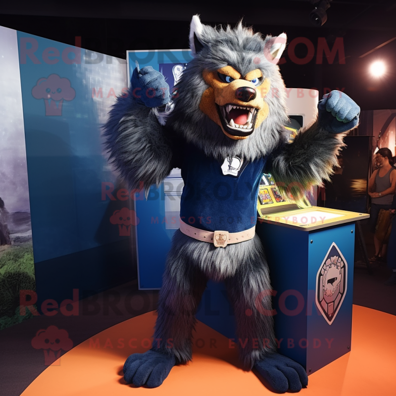 Navy Werewolf mascot costume character dressed with a Tank Top and Shawls Navy Werewolf mascot costume character dressed with a Tank Top and Shawls