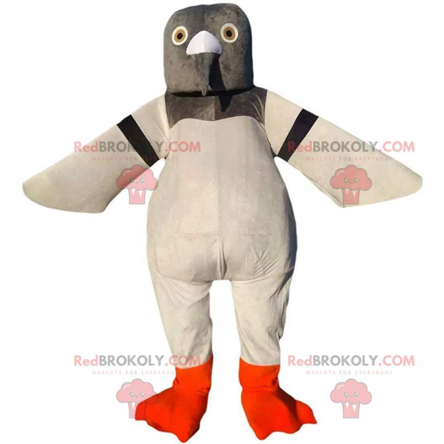 Mascote pombo gigante, cinza e branco, fantasia de pombo -