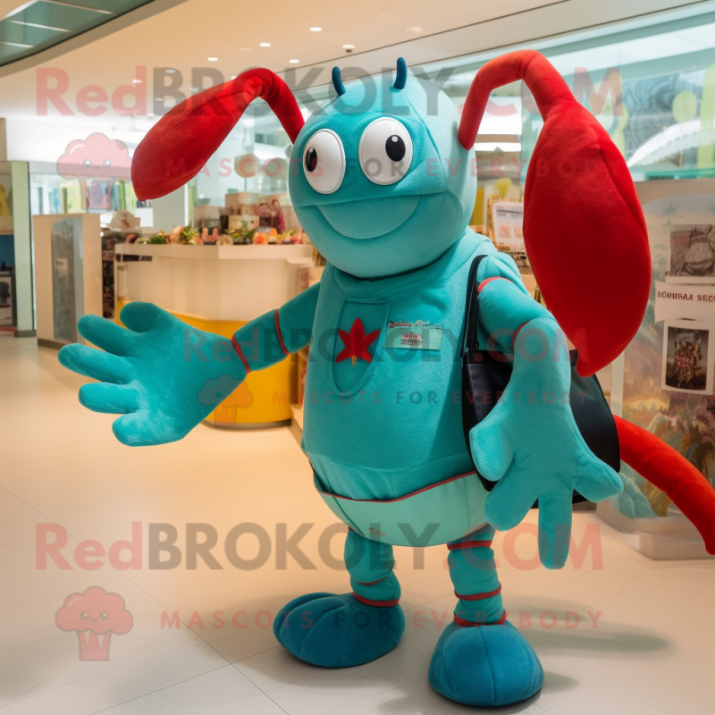 Teal Lobster mascot costume character dressed with a Shorts and Clutch bags