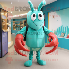 Teal Lobster mascot costume character dressed with a Shorts and Clutch bags