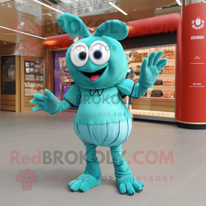 Teal Lobster mascot costume character dressed with a Shorts and Clutch bags