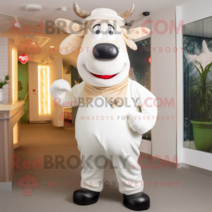 White Guernsey Cow mascot costume character dressed with a Dungarees and Wraps