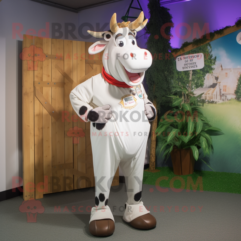 White Guernsey Cow mascot costume character dressed with a Dungarees and Wraps White Guernsey Cow mascot costume character dressed with a Dungarees and Wraps