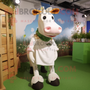 White Guernsey Cow mascot costume character dressed with a Dungarees and Wraps