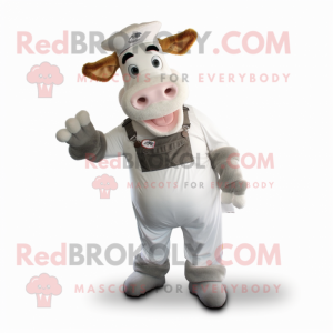 White Guernsey Cow mascot costume character dressed with a Dungarees and Wraps