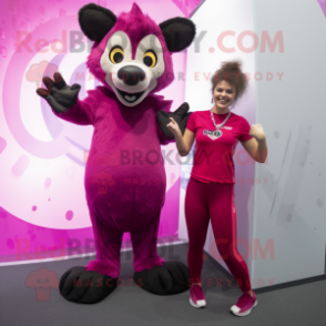 Magenta Hyena mascot costume character dressed with a Yoga Pants and Watches