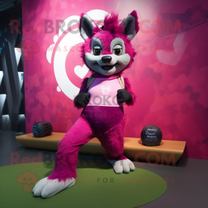 Magenta Hyena mascot costume character dressed with a Yoga Pants and Watches