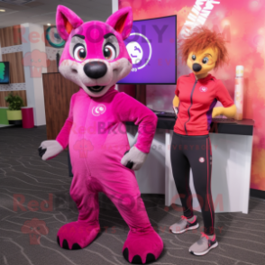 Magenta Hyena mascot costume character dressed with a Yoga Pants and Watches