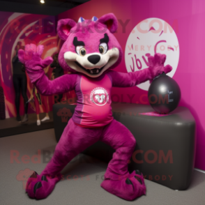 Magenta Hyena mascot costume character dressed with a Yoga Pants and Watches