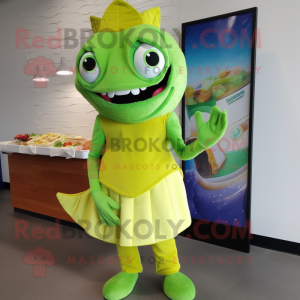 Lime Green Fish Tacos mascot costume character dressed with a A-Line Dress and Clutch bags