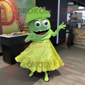 Lime Green Fish Tacos mascot costume character dressed with a A-Line Dress and Clutch bags