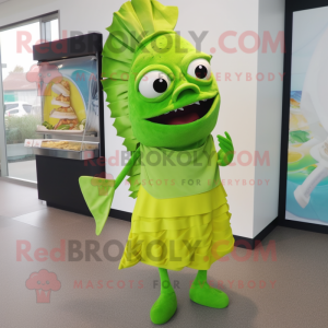 Lime Green Fish Tacos mascot costume character dressed with a A-Line Dress and Clutch bags