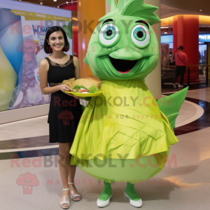 Lime Green Fish Tacos mascot costume character dressed with a A-Line Dress and Clutch bags