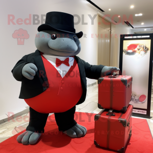 Red Glyptodon mascot costume character dressed with a Tuxedo and Briefcases