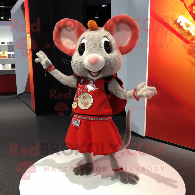 Red Rat mascot costume character dressed with a Mini Skirt and Keychains Red Rat mascot costume character dressed with a Mini Skirt and Keychains