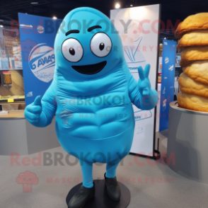 Cyan Croissant mascot costume character dressed with a Rash Guard and Tie pins