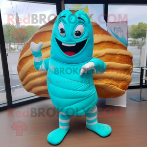 Cyan Croissant mascot costume character dressed with a Rash Guard and Tie pins