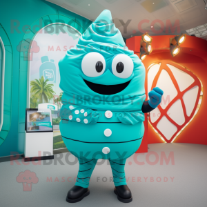 Cyan Croissant mascot costume character dressed with a Rash Guard and Tie pins