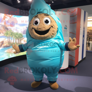 Cyan Croissant mascot costume character dressed with a Rash Guard and Tie pins