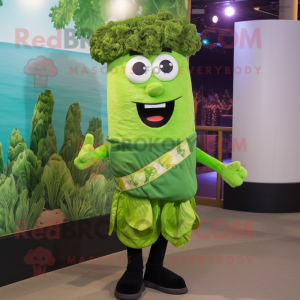 Forest Green Celery mascot costume character dressed with a Bermuda Shorts and Suspenders