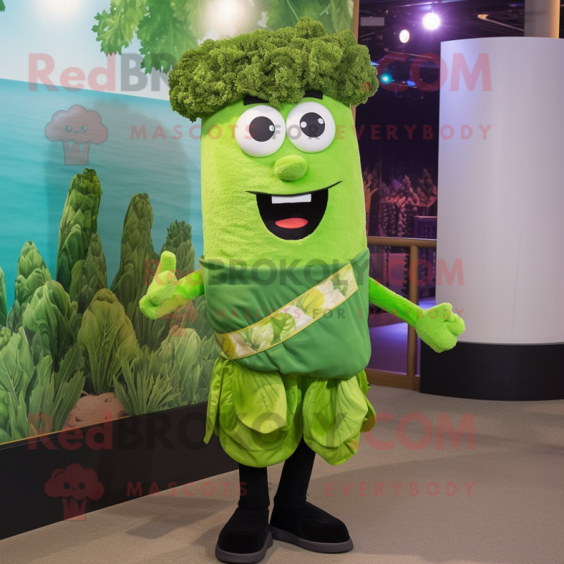 Forest Green Celery mascot costume character dressed with a Bermuda Shorts and Suspenders Forest Green Celery mascot costume character dressed with a Bermuda Shorts and Suspenders