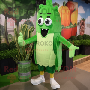 Forest Green Celery mascot costume character dressed with a Bermuda Shorts and Suspenders