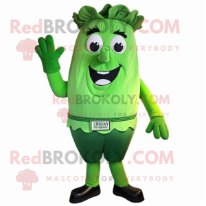 Forest Green Celery mascot costume character dressed with a Bermuda Shorts and Suspenders