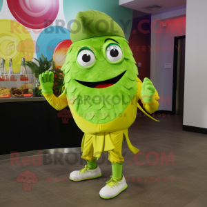 Lime Green Fish Tacos mascot costume character dressed with a Leggings and Shoe clips