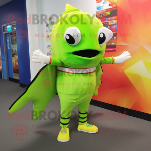 Lime Green Fish Tacos mascot costume character dressed with a Leggings and Shoe clips