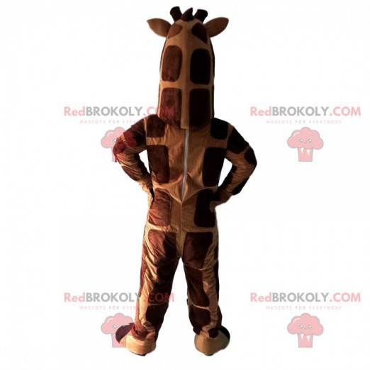 Mascote gigante girafa marrom e laranja, animal exótico -