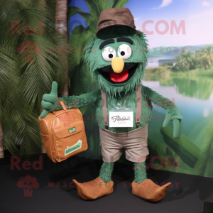 Forest Green Paella mascot costume character dressed with a Denim Shorts and Backpacks