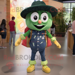 Forest Green Paella mascot costume character dressed with a Denim Shorts and Backpacks