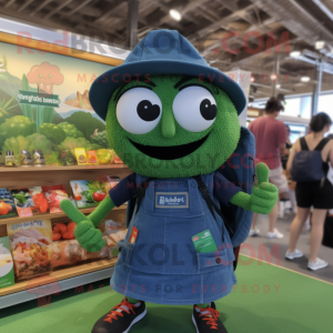 Forest Green Paella mascot costume character dressed with a Denim Shorts and Backpacks