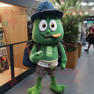 Forest Green Paella mascot costume character dressed with a Denim Shorts and Backpacks