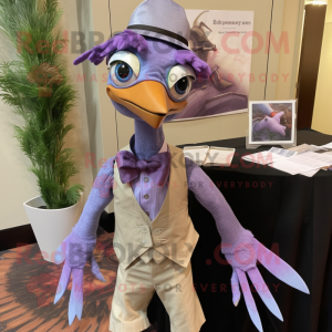 Lavender Archeopteryx mascot costume character dressed with a Graphic Tee and Bow ties