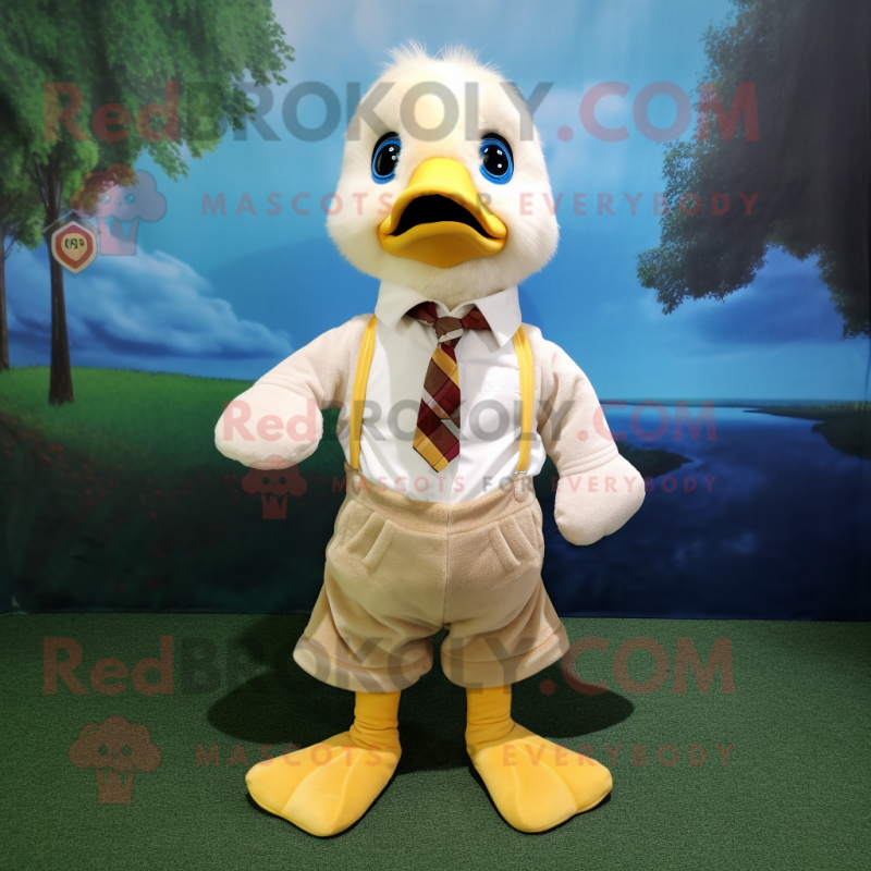 Cream Gosling mascot costume character dressed with a Corduroy Pants and Pocket squares