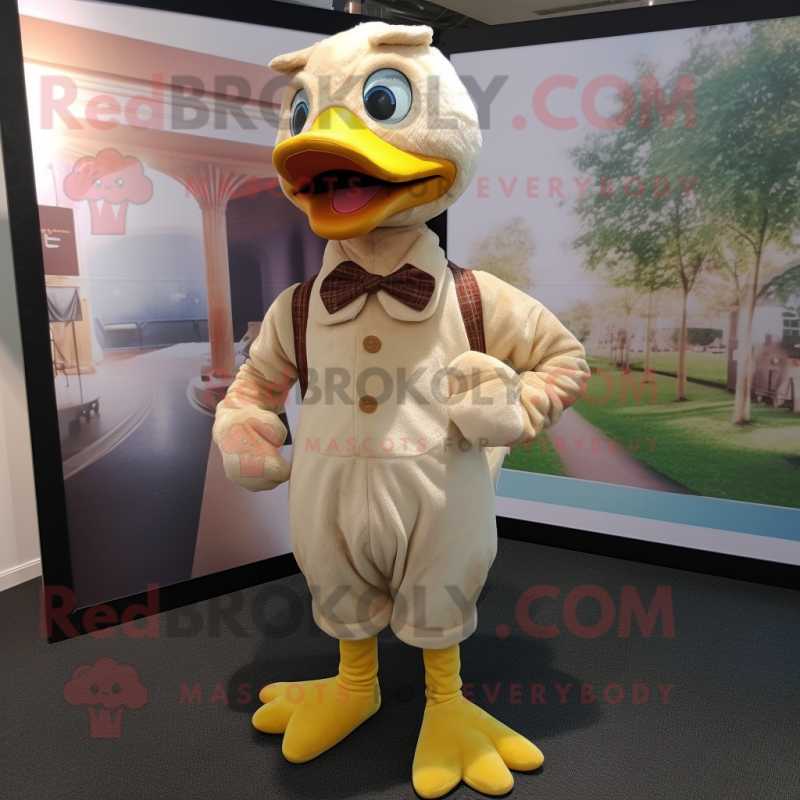 Cream Gosling mascot costume character dressed with a Corduroy Pants and Pocket squares