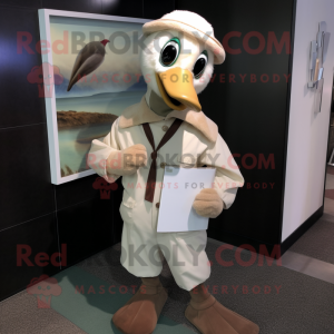 Cream Gosling mascot costume character dressed with a Corduroy Pants and Pocket squares