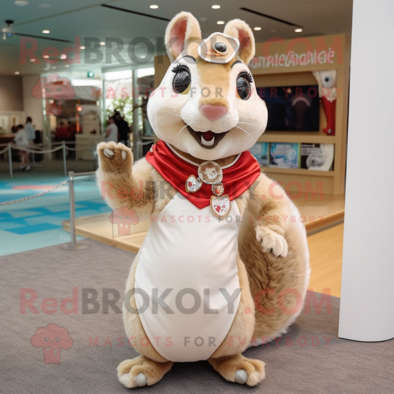 Beige Squirrel mascot costume character dressed with a Skirt and Necklaces Beige Squirrel mascot costume character dressed with a Skirt and Necklaces