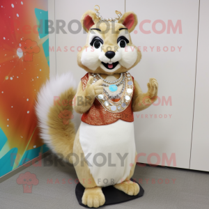 Beige Squirrel mascot costume character dressed with a Skirt and Necklaces