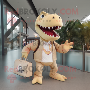 Tan Tyrannosaurus mascot costume character dressed with a Long Sleeve Tee and Messenger bags